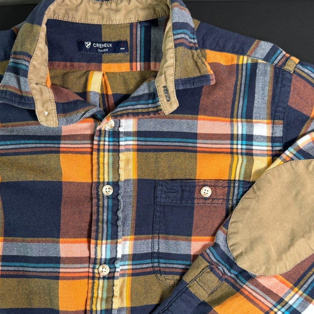 Cremieux Classics‎ Mens L Orange Navy Plaid Flannel Shirt Elbow Patches Cotton